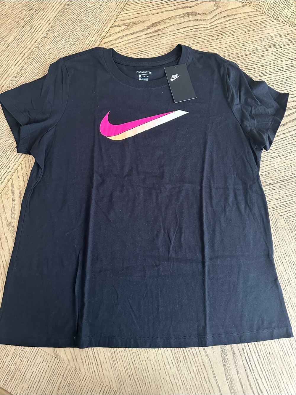 Nike Black Short Sleeve Tee with Pink and Gold Gradient Swoosh